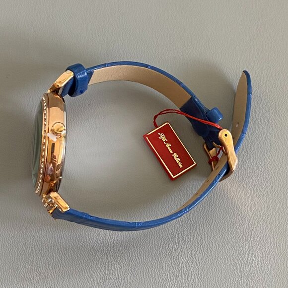 FAC Rose Gold Crystal Blue Leather Strap Watch NWT - Picture 3 of 10